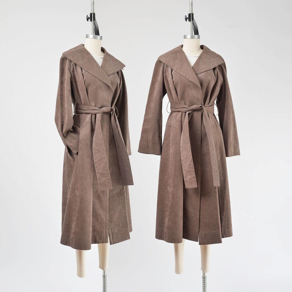 Vintage 70s Trigère Brown Ultrasuede Jacket Midi Length Coat with Tie Belt M